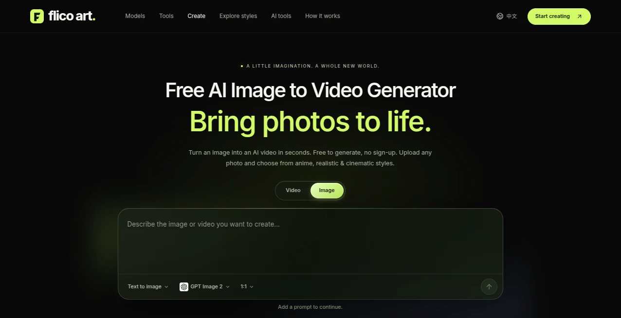 Screenshot of Flico.art – An AI tool in the ,AI Image to Video ,AI Video Generator ,AI Text to Video ,AI Image to Image  category, showcasing its interface and key features.