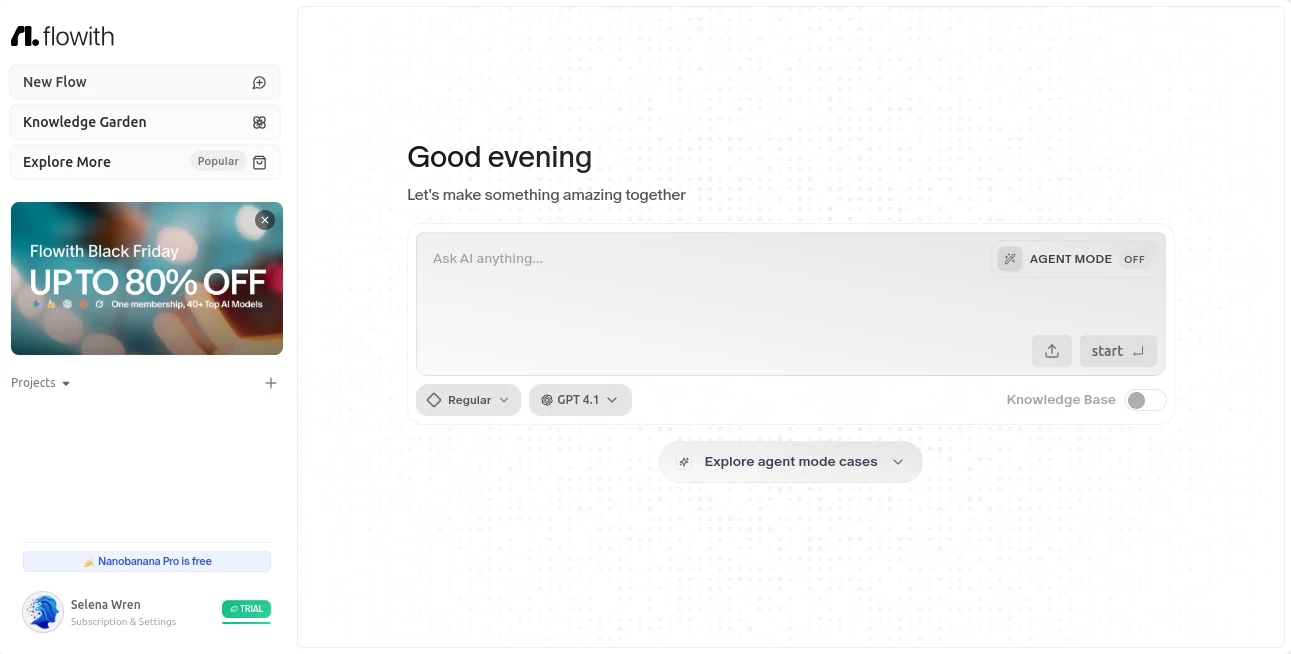 Screenshot of Flowith AI – An AI tool in the ,AI Productivity Tools ,AI Team Collaboration ,AI Workflow Management ,AI Mind Mapping  category, showcasing its interface and key features.