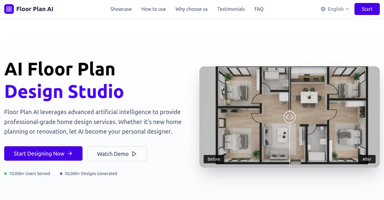 Screenshot of Floor Plan AI – An AI tool in the ,AI Diagram Generator ,AI Image to 3D Model ,AI Design Generator ,AI Interior & Room Design  category, showcasing its interface and key features.