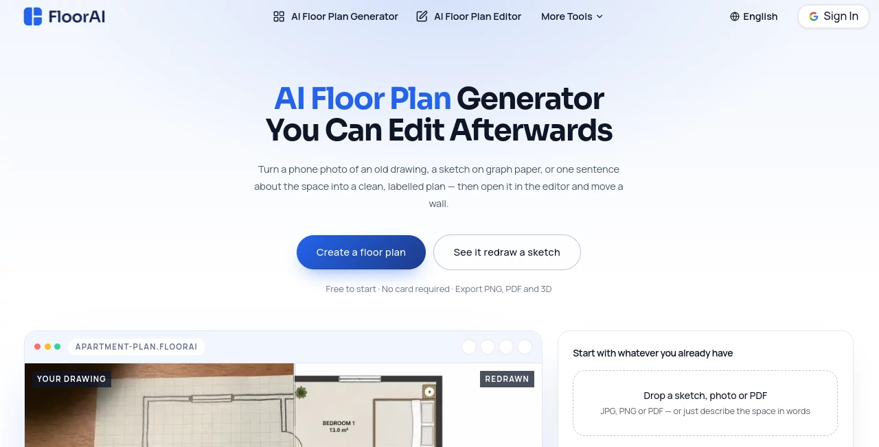 Screenshot of FloorAI – An AI tool in the ,3D ,AI Design Generator ,AI Interior & Room Design  category, showcasing its interface and key features.