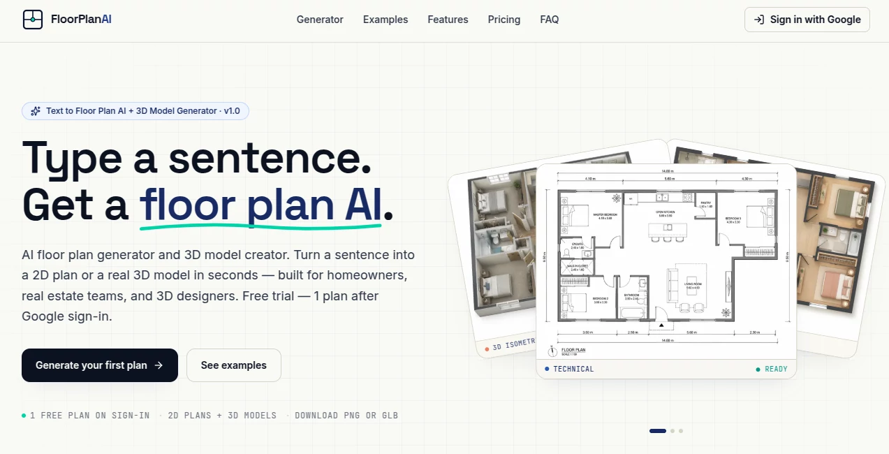 Screenshot of FloorPlanAI – An AI tool in the ,AI 3D Model Generator ,AI Image to 3D Model ,AI Design Generator ,AI Interior & Room Design  category, showcasing its interface and key features.
