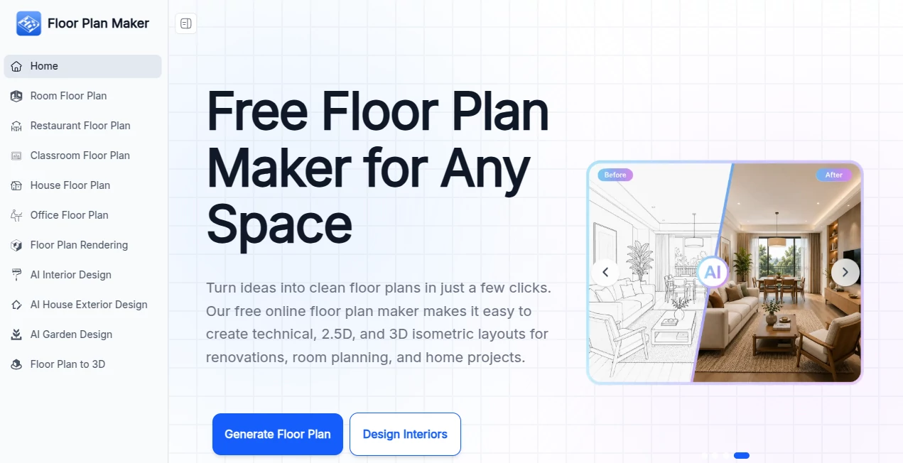 Screenshot of Floor Plan Maker – An AI tool in the ,AI 3D Model Generator ,AI Image to 3D Model ,AI Design Generator ,AI Interior & Room Design  category, showcasing its interface and key features.