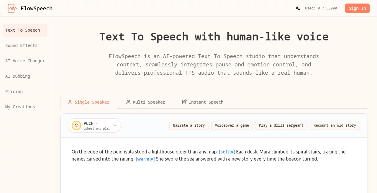 Screenshot of FlowSpeech – An AI tool in the ,AI Text to Speech ,AI Voice & Audio Editing ,AI Speech Synthesis ,AI Voice Assistants  category, showcasing its interface and key features.