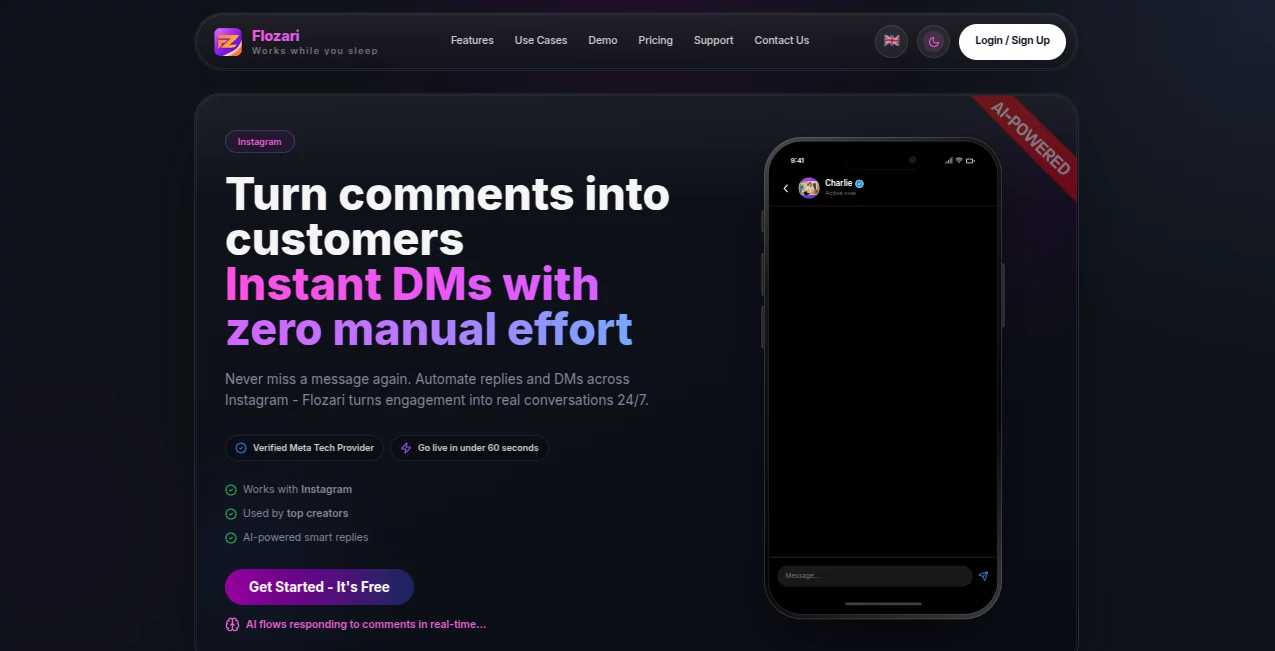 Screenshot of Flozari – An AI tool in the ,AI Instagram Assistant ,AI Social Media Assistant ,AI Lead Generation ,AI Customer Service Assistant  category, showcasing its interface and key features.