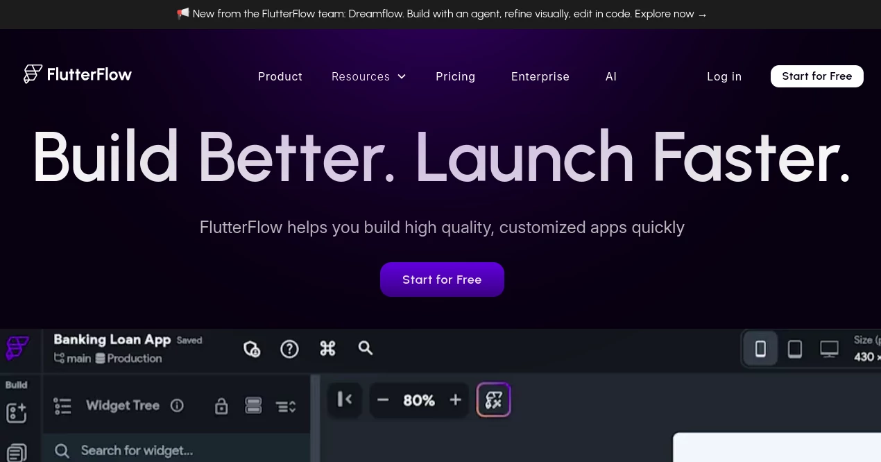 Screenshot of FlutterFlow – An AI tool in the ,AI App Builder ,AI No-Code & Low-Code  category, showcasing its interface and key features.
