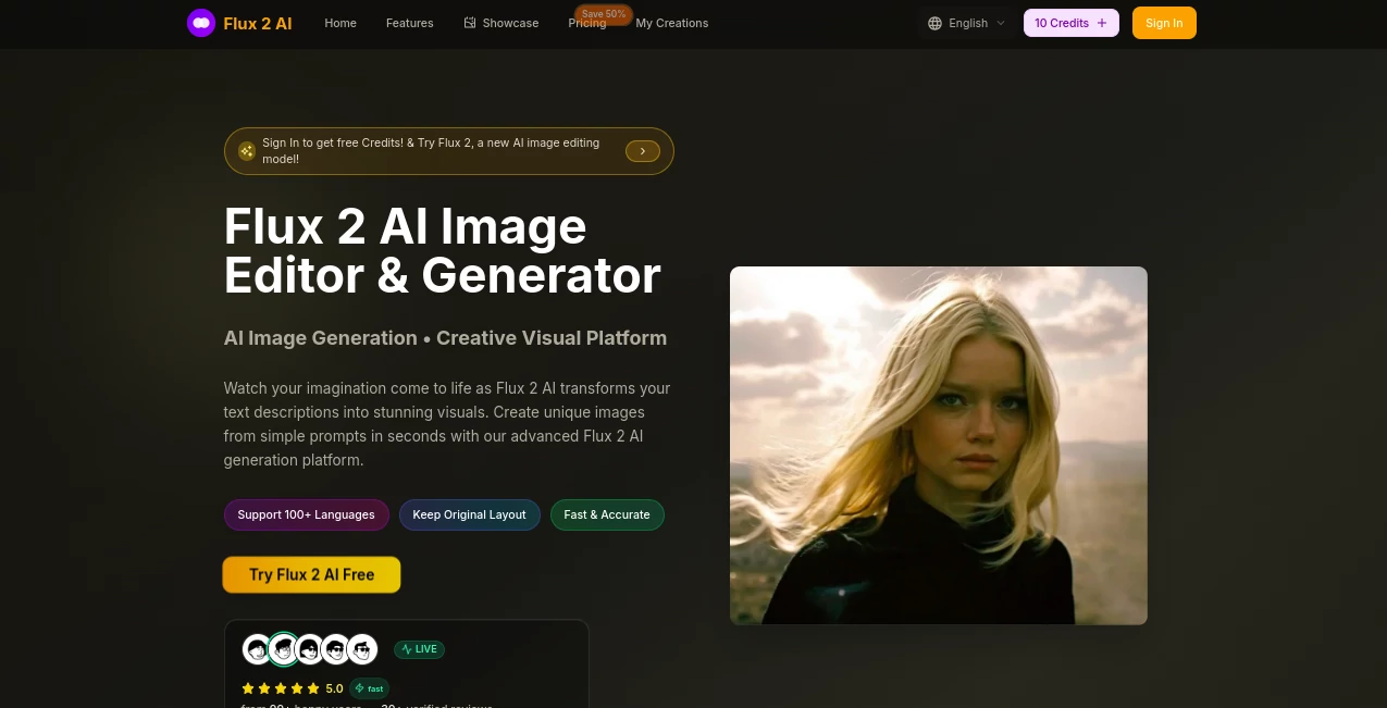 Screenshot of Flux 2 AI – An AI tool in the ,AI Text to Image ,AI Photo & Image Generator ,Photo & Image Editor ,AI Art Generator  category, showcasing its interface and key features.