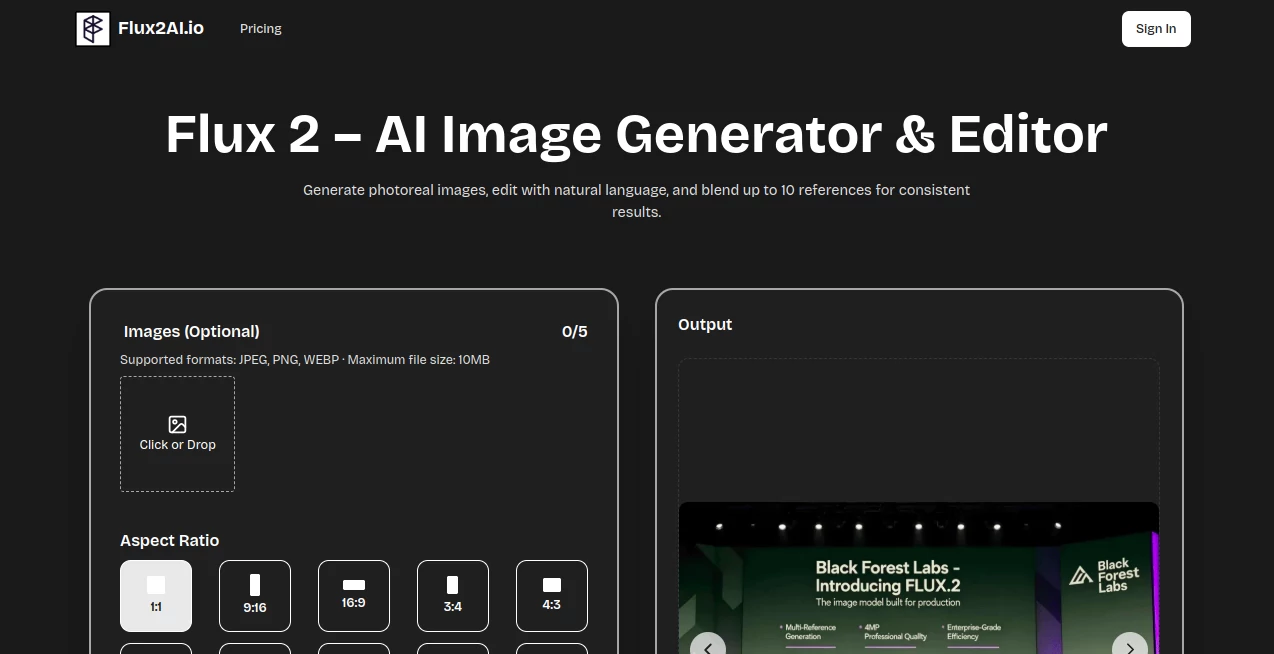 Screenshot of Flux2AI.io – An AI tool in the ,AI Text to Image ,AI Photo & Image Generator ,AI Image to Image ,AI Art Generator  category, showcasing its interface and key features.