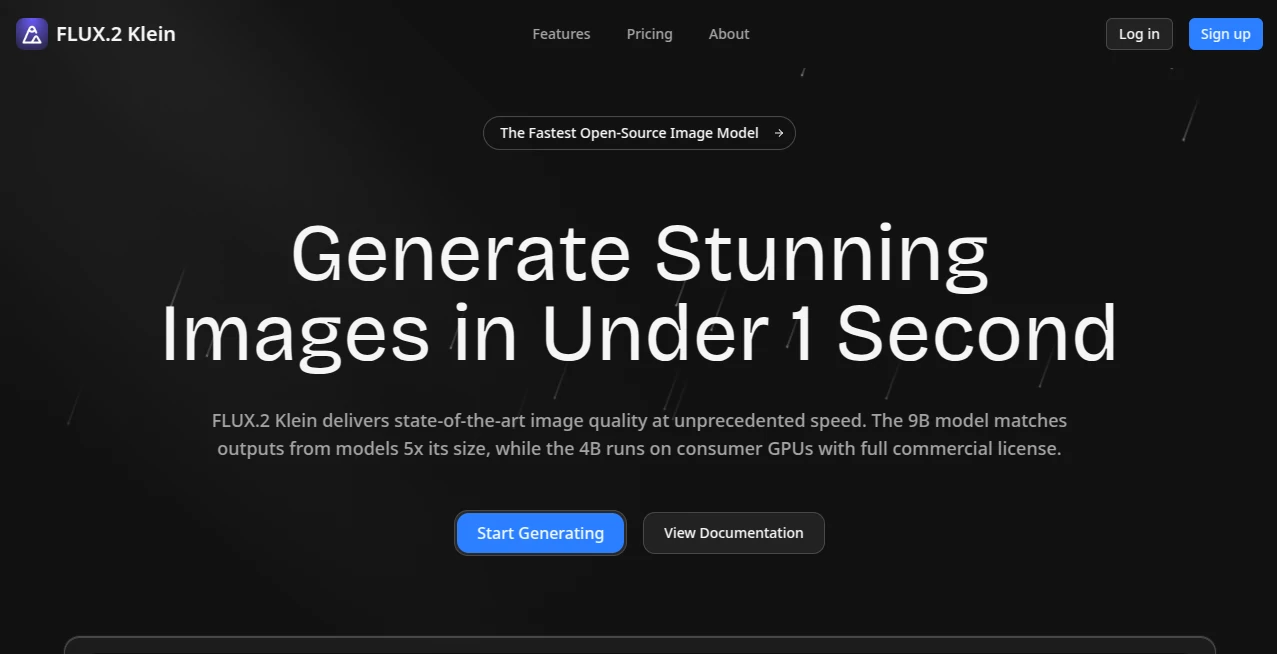 Screenshot of Flux 2 Klein – An AI tool in the ,AI Photo & Image Generator ,AI Design Generator ,AI Image to Image ,AI Text to Image  category, showcasing its interface and key features.