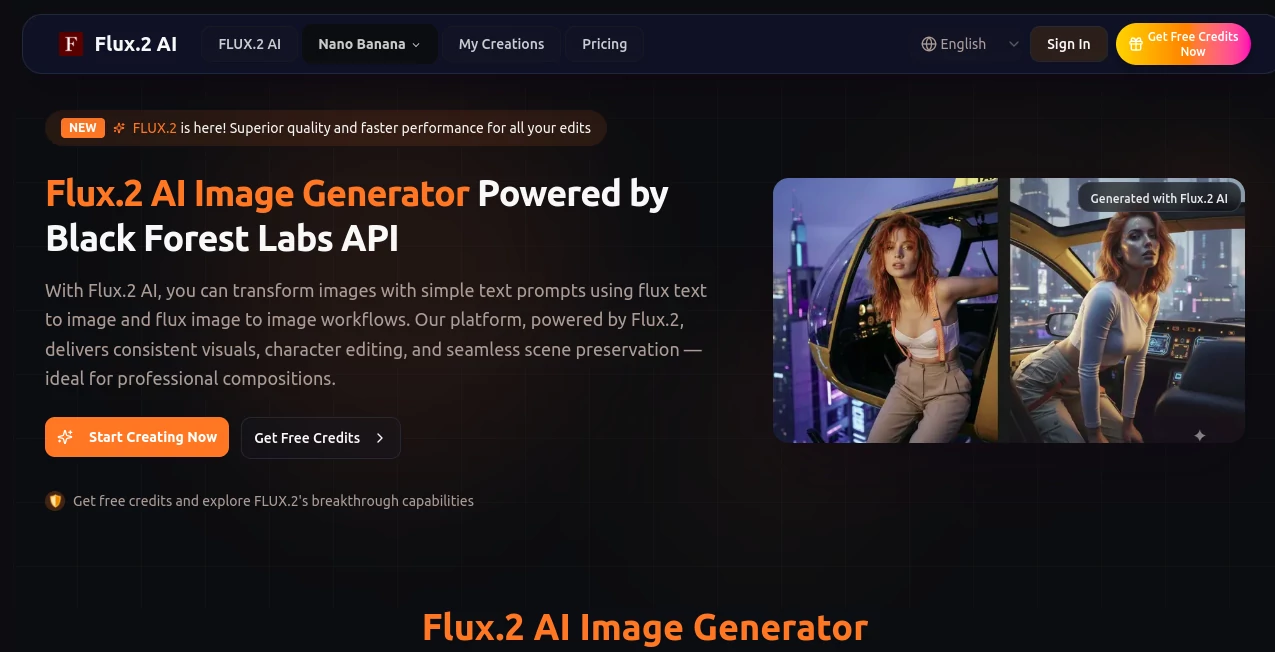 Screenshot of Flux.2 AI – An AI tool in the ,AI Text to Image ,Photo & Image Editor ,AI Image to Image ,AI Art Generator  category, showcasing its interface and key features.