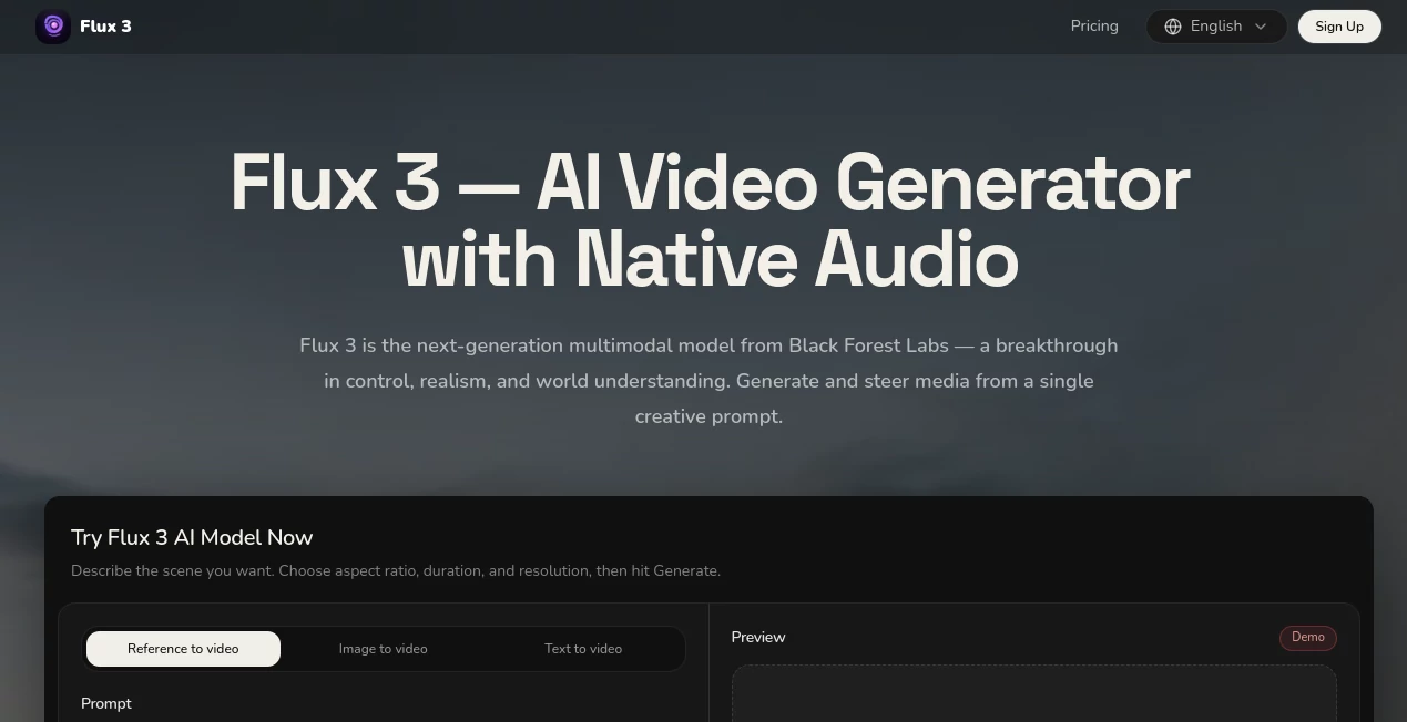 Screenshot of Flux 3 – An AI tool in the ,AI Image to Video ,AI Video Generator ,AI Music Generator ,AI Text to Video  category, showcasing its interface and key features.