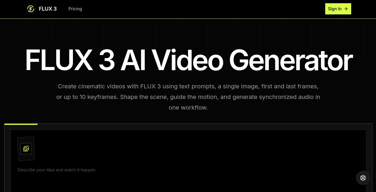 Screenshot of FLUX 3 – An AI tool in the ,AI Image to Video ,AI Music Video Generator ,AI Video Generator ,AI Text to Video  category, showcasing its interface and key features.