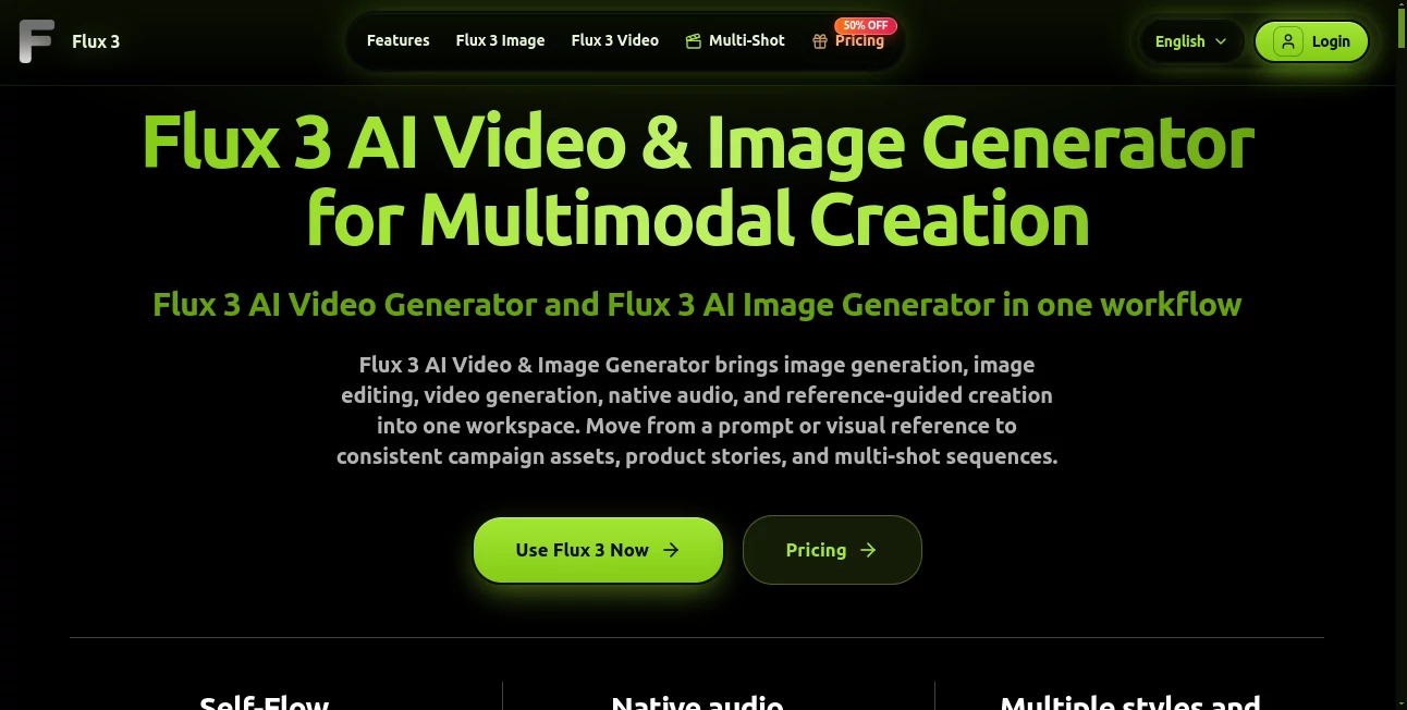 Screenshot of Flux 3 – An AI tool in the ,AI Photo & Image Generator ,AI Image to Video ,AI Video Generator ,AI Video to Video  category, showcasing its interface and key features.