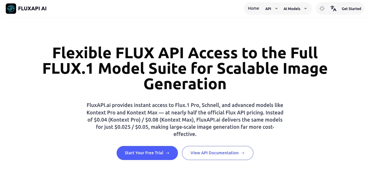 Screenshot of FLUXAPI AI – An AI tool in the ,AI Photo & Image Generator ,AI API Design ,AI Image to Image ,AI Text to Image  category, showcasing its interface and key features.