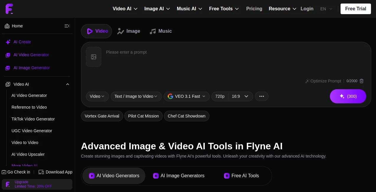 Screenshot of Flyne AI – An AI tool in the ,AI Photo & Image Generator ,AI Image to Video ,AI Video Generator  category, showcasing its interface and key features.