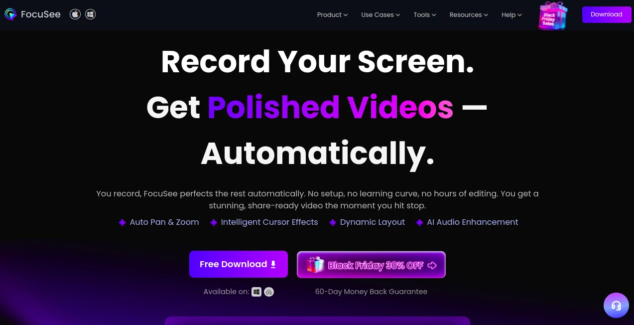 Screenshot of FocuSee – An AI tool in the ,AI Background Remover ,AI Video Editor ,AI Video Enhancer ,AI Recording  category, showcasing its interface and key features.