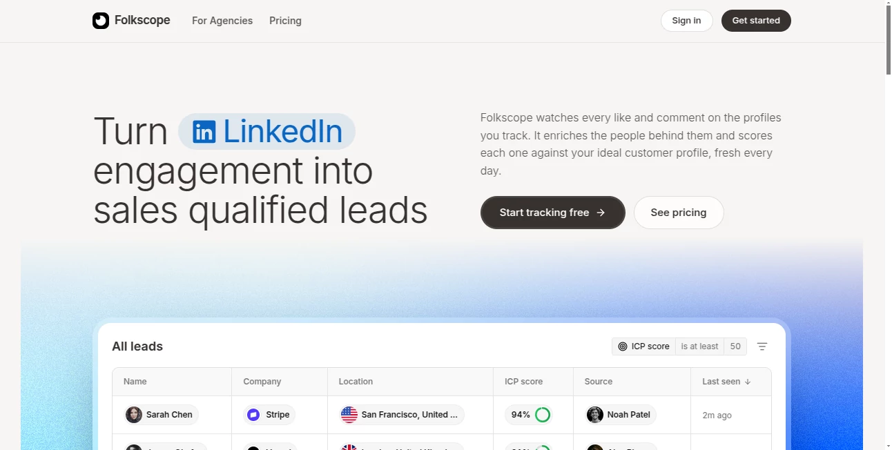 Screenshot of Folkscope – An AI tool in the ,AI Lead Generation ,AI Sales Assistant ,AI Social Media Assistant ,AI CRM Assistant  category, showcasing its interface and key features.
