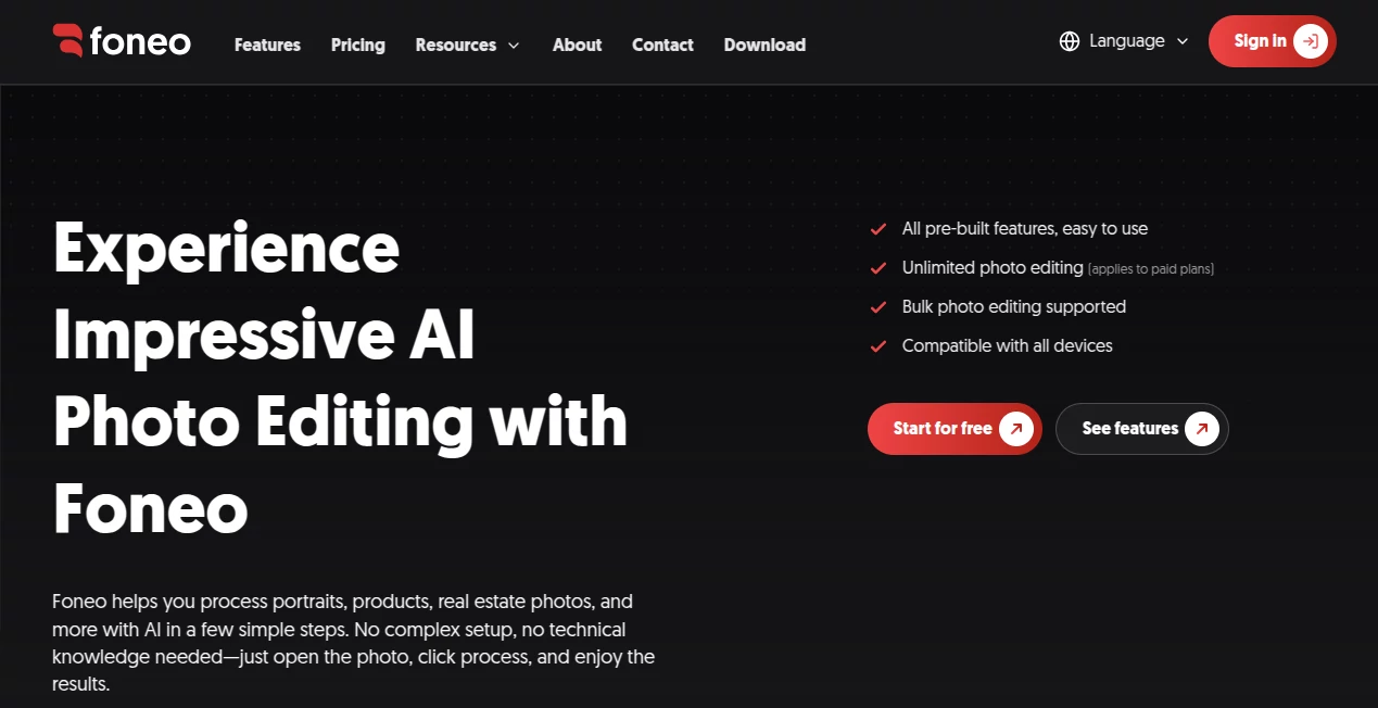 Screenshot of Foneo AI – An AI tool in the ,AI Photo Enhancer ,AI Photo & Image Generator ,Photo & Image Editor ,AI Photo Restoration  category, showcasing its interface and key features.