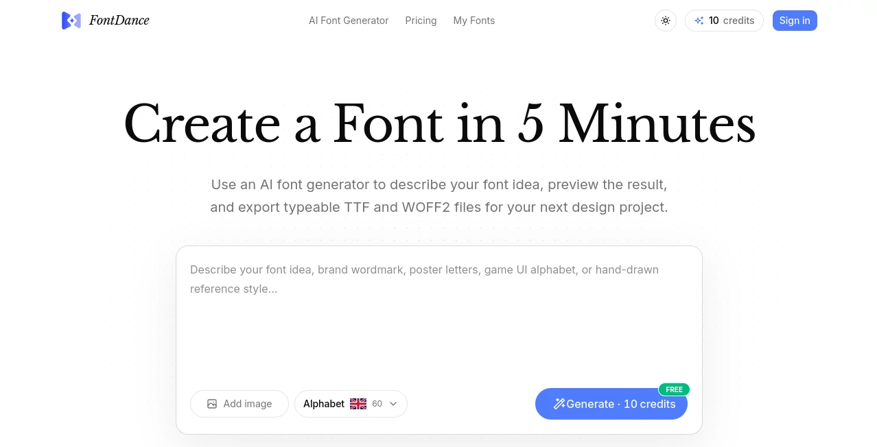 Screenshot of FontDance – An AI tool in the ,AI Logo Generator ,AI Design Assistant ,AI Art Generator ,AI Font  category, showcasing its interface and key features.