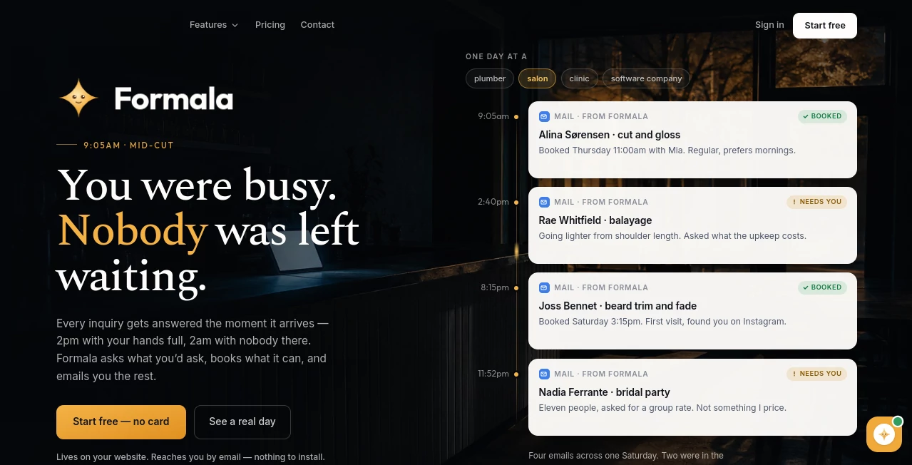 Screenshot of Formala – An AI tool in the ,AI Lead Generation ,AI Chatbot ,AI Customer Service Assistant ,AI Scheduling  category, showcasing its interface and key features.