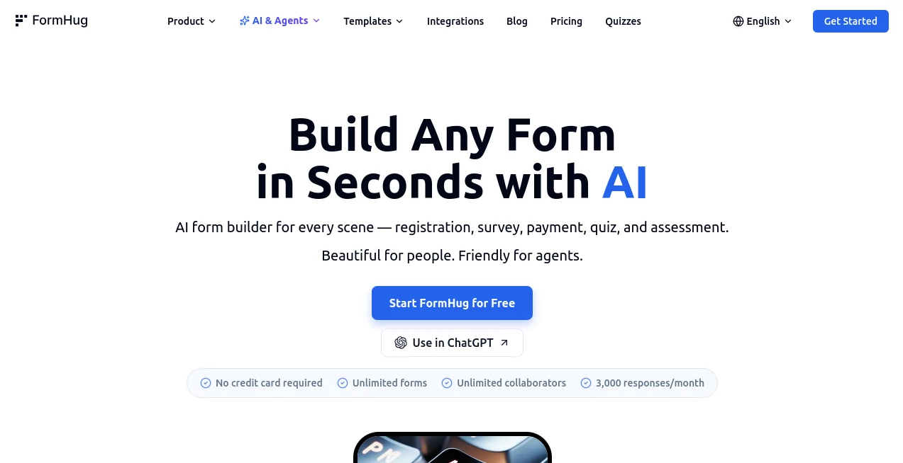 Screenshot of FormHug – An AI tool in the ,AI Productivity Tools ,AI Team Collaboration ,AI Workflow Management ,AI Forms & Surveys  category, showcasing its interface and key features.