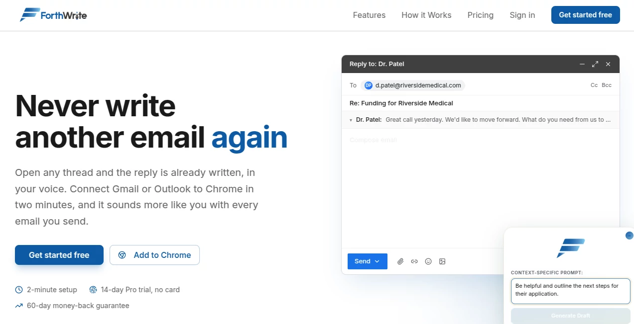 Screenshot of ForthWrite – An AI tool in the ,AI Email Writer ,AI Email Assistant ,AI Productivity Tools ,AI Writing Assistants  category, showcasing its interface and key features.