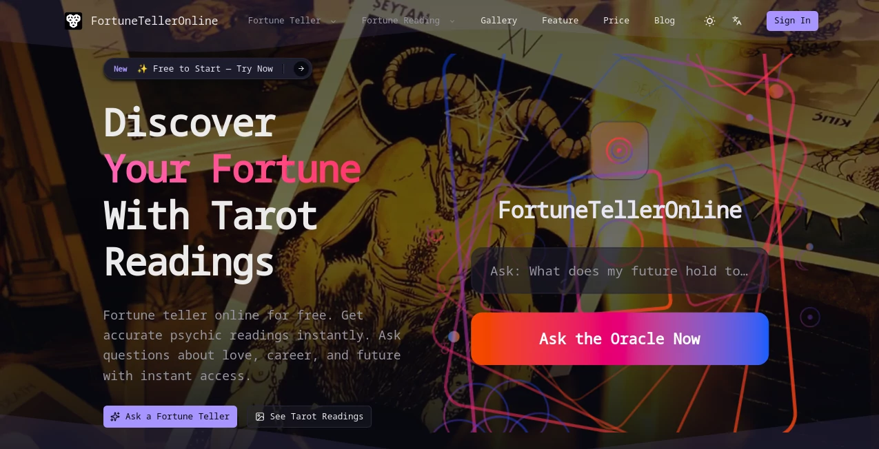 Screenshot of FortuneTellerOnline – An AI tool in the ,AI Chatbot ,AI Character ,AI Life Assistant ,AI Fun Tools  category, showcasing its interface and key features.