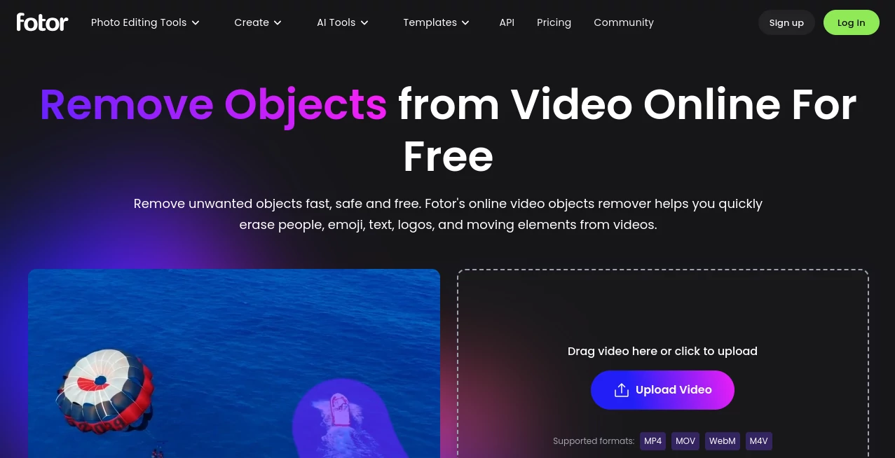 Screenshot of Fotor Remove Object from Video – An AI tool in the ,AI Video Editor  category, showcasing its interface and key features.