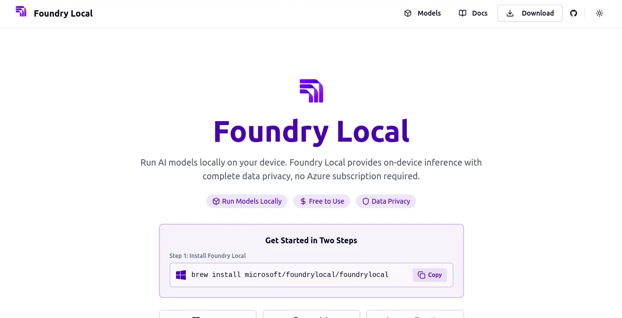 Screenshot of Foundry Local – An AI tool in the ,AI Workflow Management ,AI No-Code & Low-Code ,AI API Design ,AI Developer Tools  category, showcasing its interface and key features.