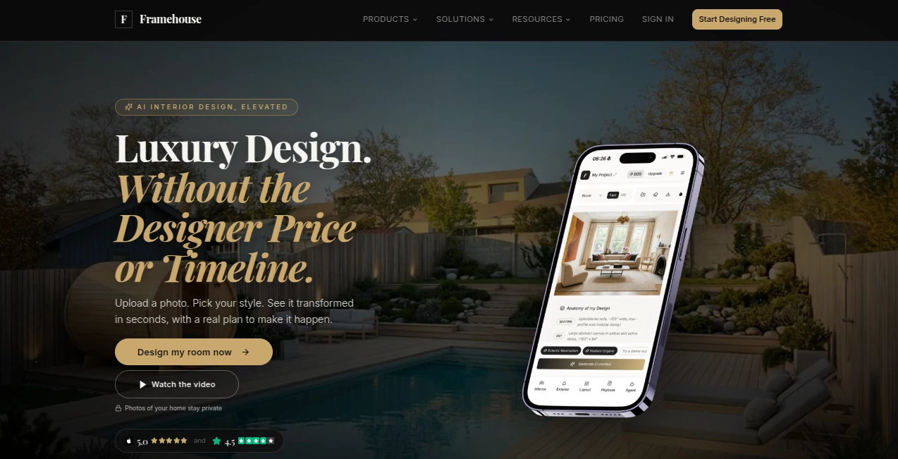 Screenshot of Framehouse – An AI tool in the ,AI Art Generator ,AI Design Generator ,AI Interior & Room Design ,AI Design Assistant  category, showcasing its interface and key features.