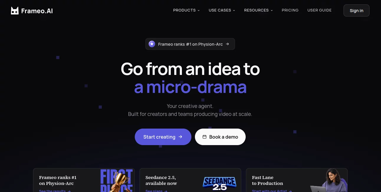 Screenshot of Frameo.AI – An AI tool in the ,AI Animated Video ,AI Video Generator ,AI Video Editor ,AI UGC Video Generator  category, showcasing its interface and key features.
