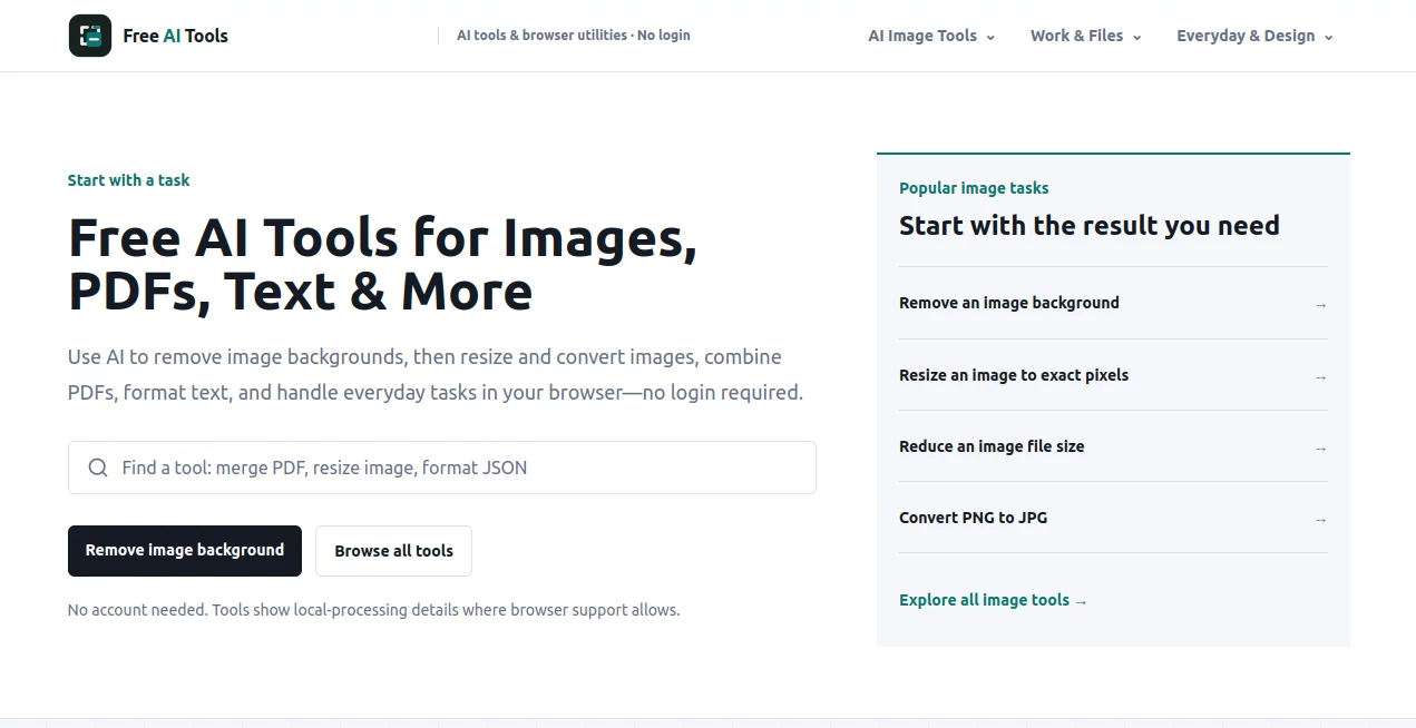 Screenshot of Free AI Tools – An AI tool in the ,AI PDF ,Photo & Image Editor ,AI Productivity Tools ,AI Developer Tools  category, showcasing its interface and key features.