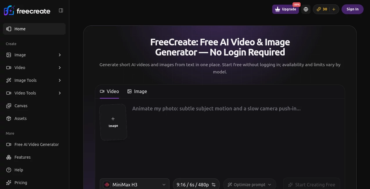 Screenshot of FreeCreate – An AI tool in the ,Image ,AI Text to Image  category, showcasing its interface and key features.