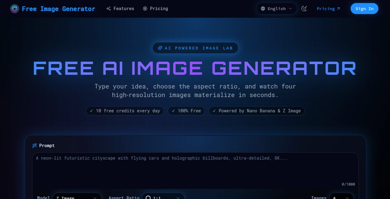 Screenshot of Free Image Generator – An AI tool in the ,AI Photo & Image Generator ,AI Art Generator ,AI Design Generator ,AI Text to Image  category, showcasing its interface and key features.