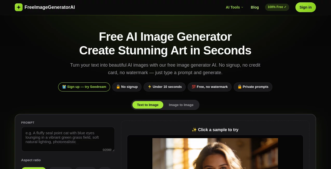 Screenshot of FreeImageGeneratorAI – An AI tool in the ,AI Photo & Image Generator ,AI Art Generator ,Image ,AI Text to Image  category, showcasing its interface and key features.