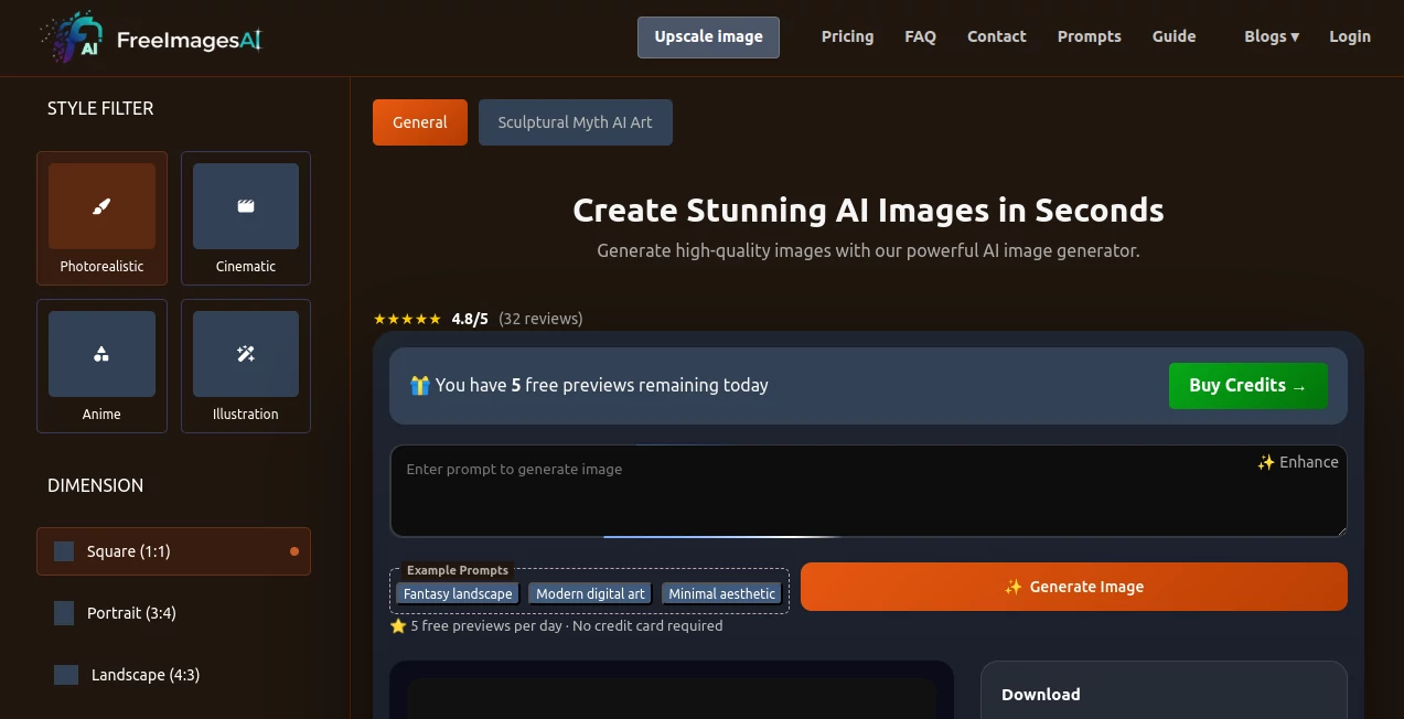 Screenshot of FreeImagesAI – An AI tool in the ,AI Photo & Image Generator ,AI Image Recognition ,AI Background Generator ,AI Text to Image  category, showcasing its interface and key features.