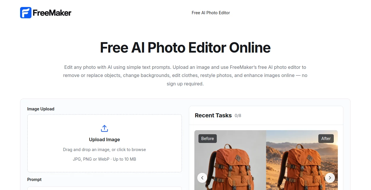 Screenshot of FreeMaker – An AI tool in the ,Photo & Image Editor ,AI Photo Enhancer ,AI Background Remover ,AI Image to Image  category, showcasing its interface and key features.