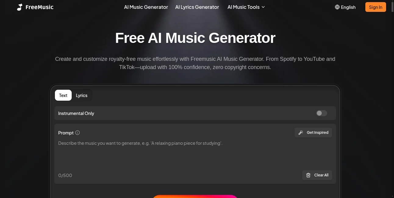 Screenshot of Free AI Music Generator – An AI tool in the ,AI Voice Changer ,AI Text to Music ,AI Lyrics Generator ,AI Music Generator  category, showcasing its interface and key features.