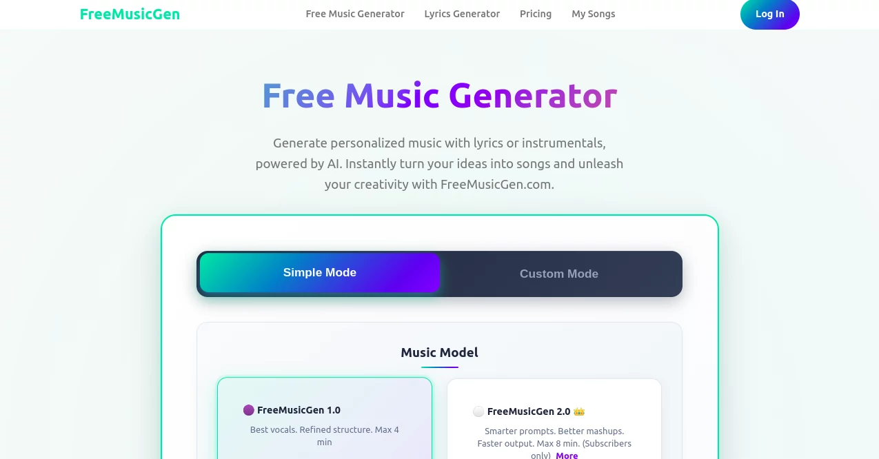 Screenshot of FreeMusicGen – An AI tool in the ,AI Text to Music ,AI Singing Generator ,AI Music Generator ,AI Voice & Audio Editing  category, showcasing its interface and key features.