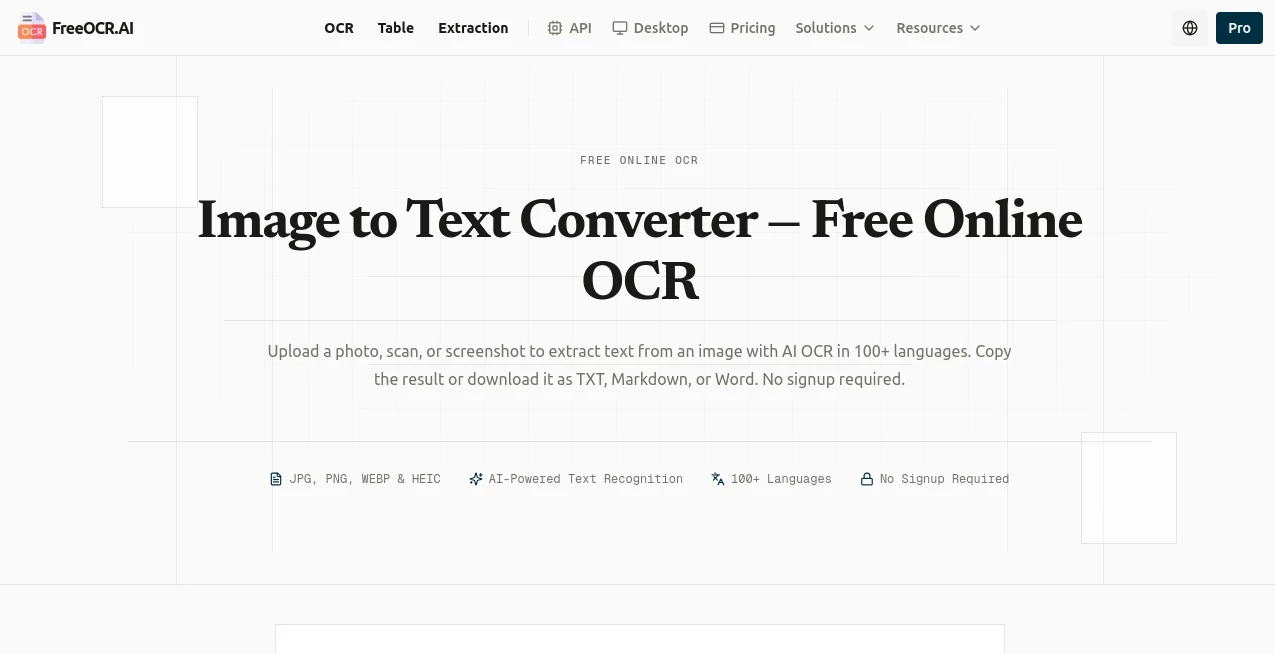 Screenshot of FreeOCR.AI – An AI tool in the ,AI PDF ,AI Productivity Tools ,AI Document Extraction ,AI Files Assistant  category, showcasing its interface and key features.