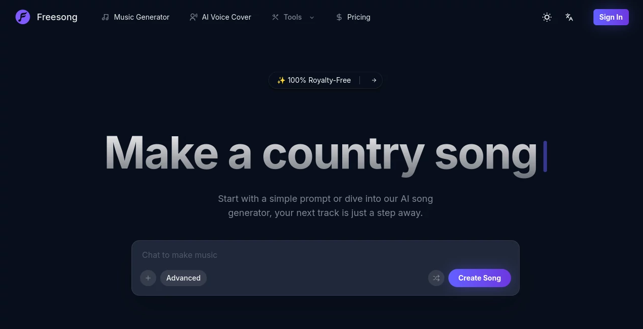 Screenshot of Freesong AI – An AI tool in the ,AI Text to Music ,AI Audio Enhancer ,AI Music Generator ,AI Voice & Audio Editing  category, showcasing its interface and key features.