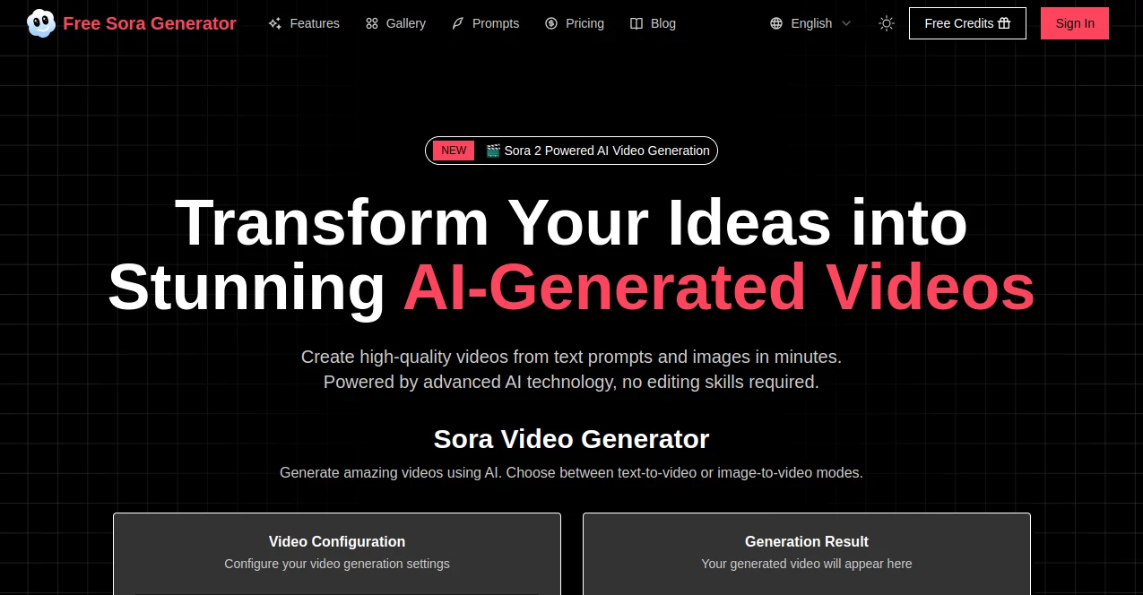 Screenshot of Free Sora Generator – An AI tool in the ,AI Animated Video ,AI Image to Video ,AI Video Generator ,AI Text to Video  category, showcasing its interface and key features.