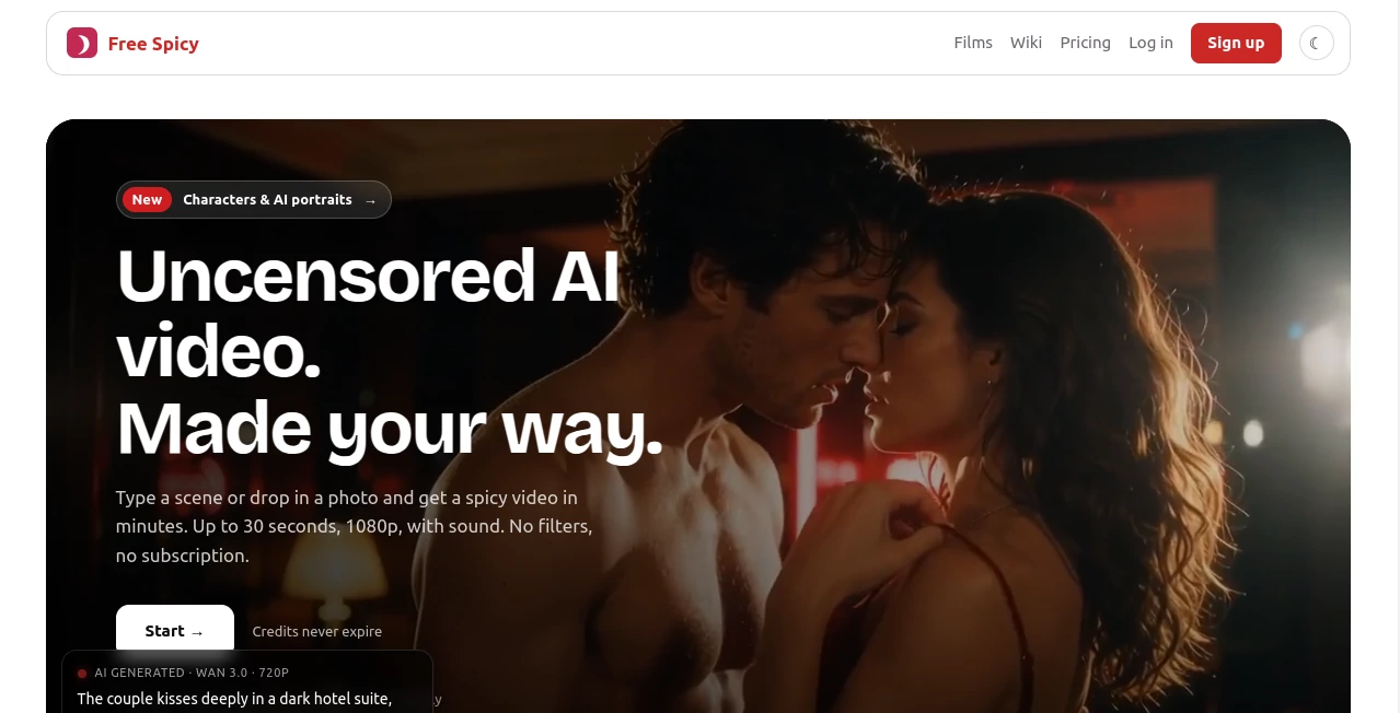 Screenshot of Free Spicy – An AI tool in the ,AI Image to Video ,AI Text to Video ,NSFW ,AI Personalized Video Generator ,AI Short Clips Generator  category, showcasing its interface and key features.