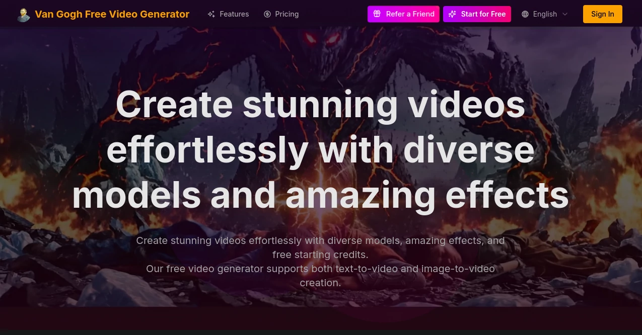 Screenshot of Van Gogh Free Video Generator – An AI tool in the ,AI Animated Video ,AI Image to Video ,AI Video Generator ,AI Text to Video  category, showcasing its interface and key features.