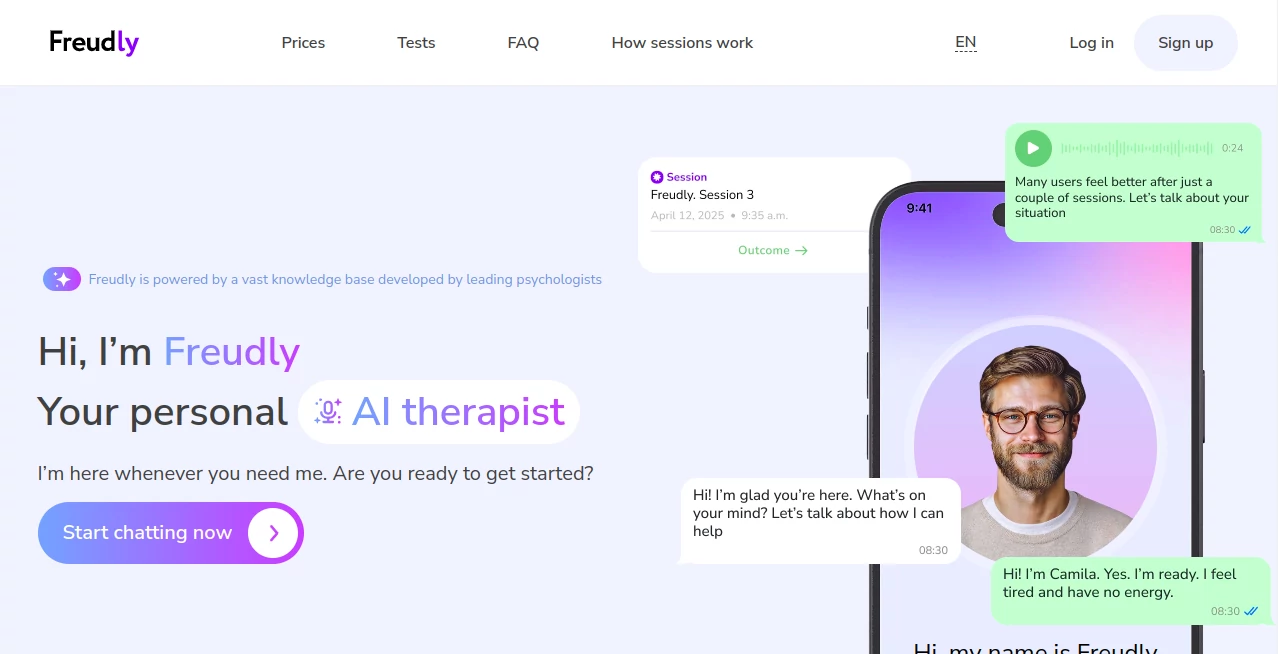 Screenshot of Freudly – An AI tool in the ,AI Life Assistant ,AI Mental Health ,AI Coaching  category, showcasing its interface and key features.
