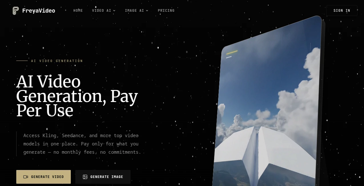 Screenshot of FreyaVideo – An AI tool in the ,AI Image to Video ,AI Text to Video ,AI Video Generator ,AI Ad Generator  category, showcasing its interface and key features.