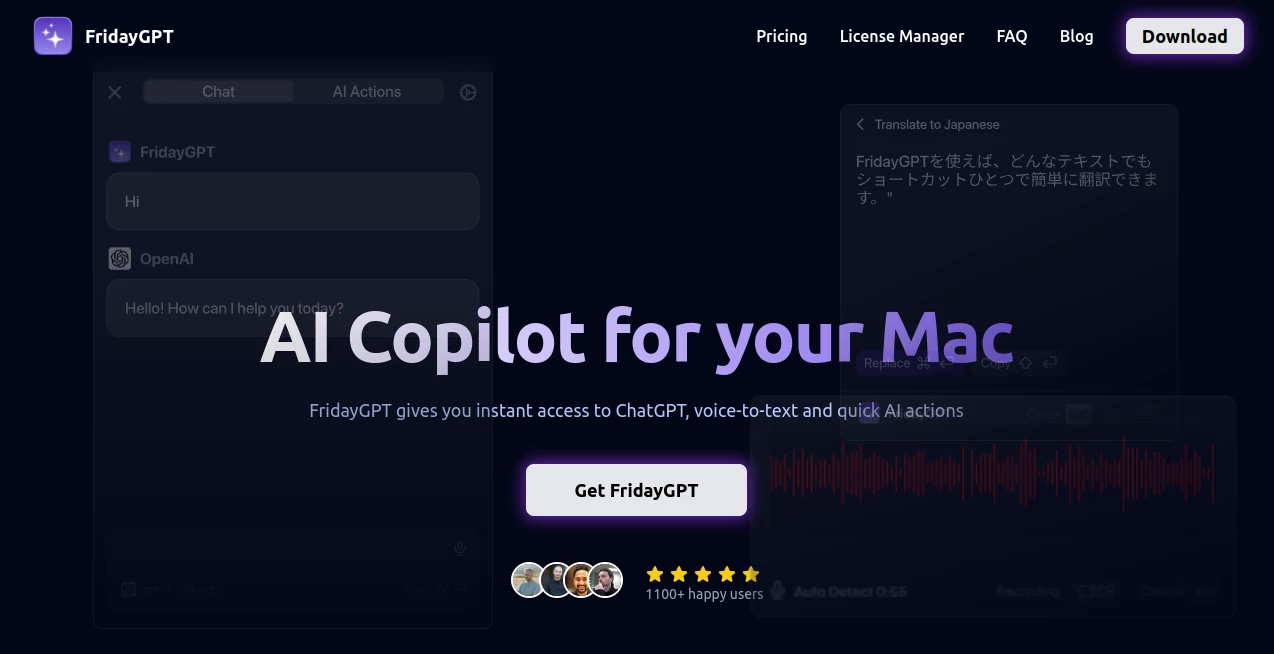 Screenshot of FridayGPT – An AI tool in the ,AI Speech to Text ,AI Speech Recognition ,AI Voice Assistants ,AI Productivity Tools  category, showcasing its interface and key features.