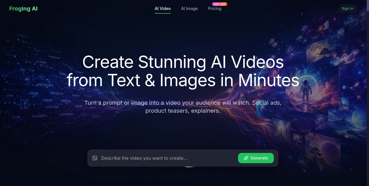 Screenshot of Froging AI – An AI tool in the ,AI Image to Video ,AI Video Generator ,AI Text to Video  category, showcasing its interface and key features.