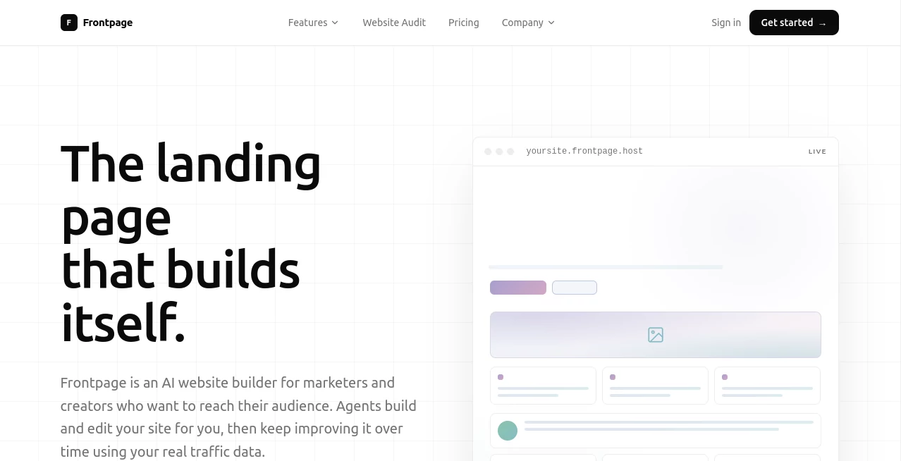 Screenshot of Frontpage – An AI tool in the ,AI Landing Page Builder ,AI Website Builder ,AI Digital Marketing Generator ,AI Productivity Tools  category, showcasing its interface and key features.