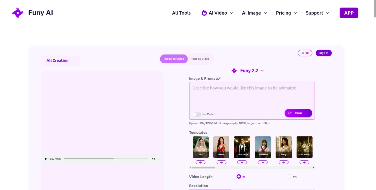 Screenshot of Funy AI – An AI tool in the ,AI Image to Video ,AI Text to Video ,AI Video Generator ,AI Art Generator  category, showcasing its interface and key features.