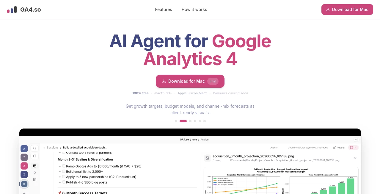 Screenshot of GA4.so – An AI tool in the ,AI Research Tool ,AI Analytics Assistant ,AI SEO Assistant ,AI Marketing Plan Generator  category, showcasing its interface and key features.
